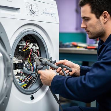 Técnico comprobando conexiones de una lavadora con herramientas profesionales